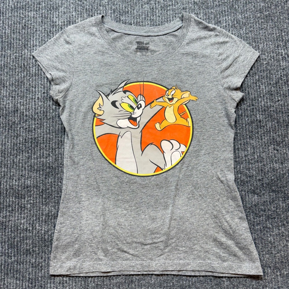 Tom and Jerry Womens Small Gray Graphic T-Shirt Short Sleeve Cotton Blend Tee